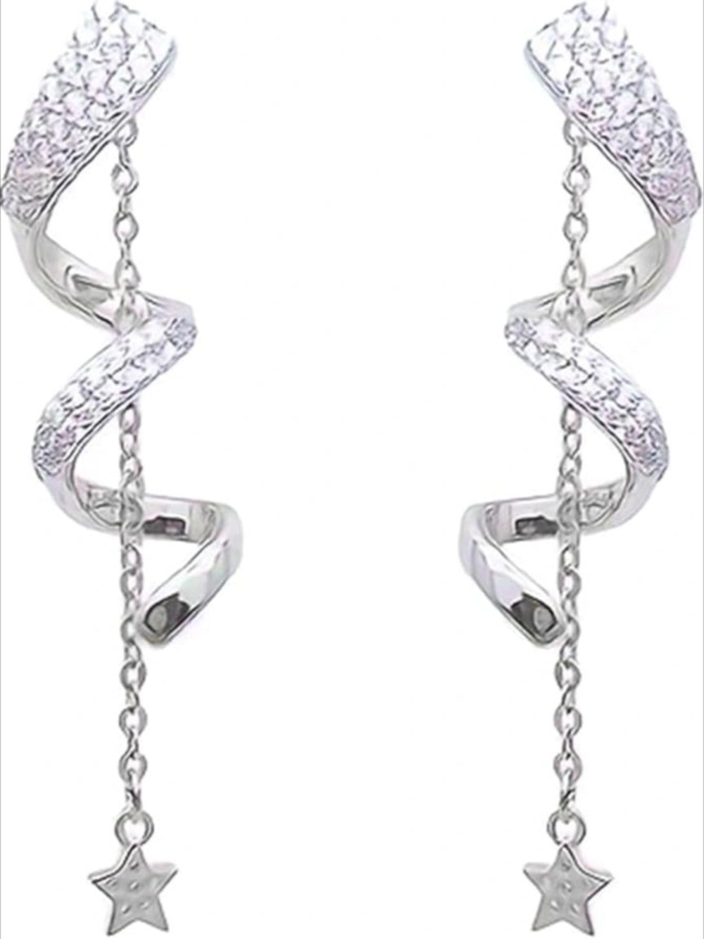 Silver Rhinestone Spiral Dangle Earrings with Stars Fairycore Whimsigoth